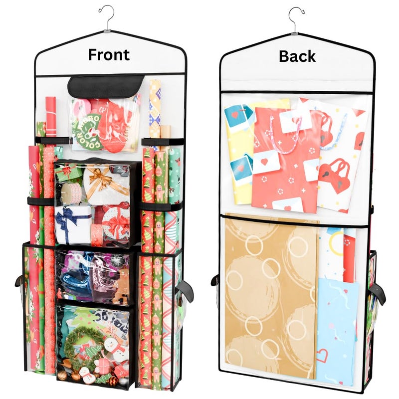 ProPik Hanging Double-Sided Gift Wrap Organizer, Wrapping Paper Storage with Multiple Front and Back Pockets, Organize Your Gift Bags Bows Ribbons 40â€X17" Fits 40 Inch Rolls (Black seam) - Image 1